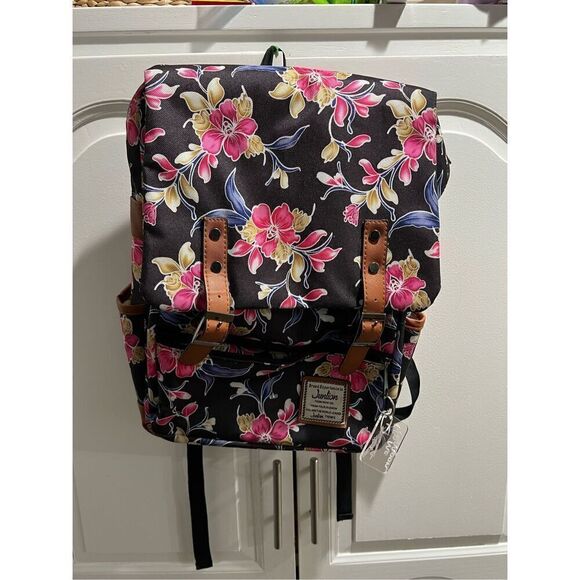 Junlion Floral Print School Laptop Backpack Bag Black Snap Brown Buckle - Picture 1 of 8